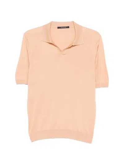 Tagliatore Silk Polo With Slit Neckline And Ribbed Hem - Size 48 In Orange
