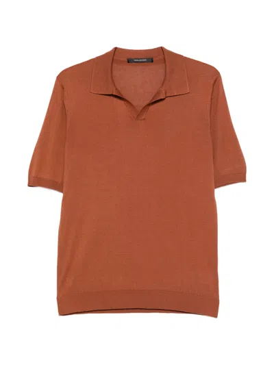 Tagliatore Silk Polo With Slit Neckline - Size 48 In Brown