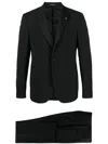 Tagliatore Blue Tailored Suit With Satin Lapel And Shoulders In Black