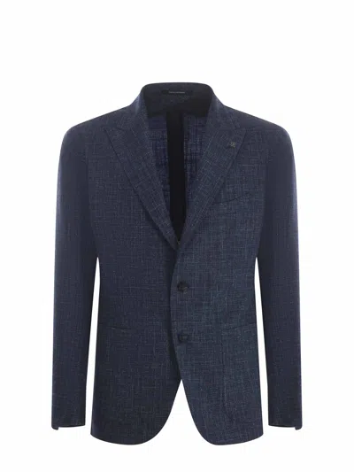Tagliatore Single-breasted Jacket  In Cotton And Linen Blend In Blu