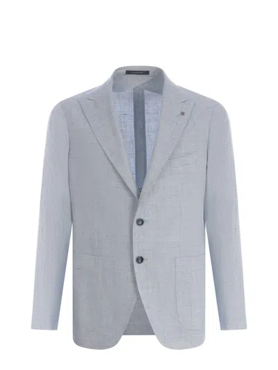 Tagliatore Single-breasted Jacket  In Linen And Cotton In Celeste Chiaro