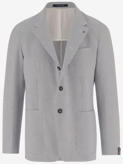 Tagliatore Single Breasted Striped Jacket In Cotton Blend In Gray