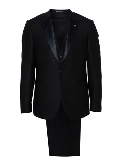 Tagliatore Single Breasted Wool Suit With Glossy Lapels In Black