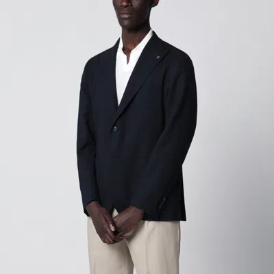 Tagliatore Single-breasted Blue Textured Wool Jacket In Black