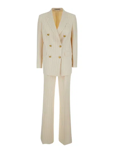 TAGLIATORE BEIGE STRIPED DOUBLE-BREASTED SUIT IN COTTON AND LINEN WOMAN