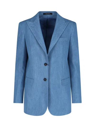 Tagliatore Stretch Denim-blend Jacket With Metal Accents In Blue