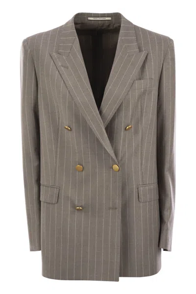 Tagliatore Stretch Wool Double-breasted Pinstripe Blazer In Gray