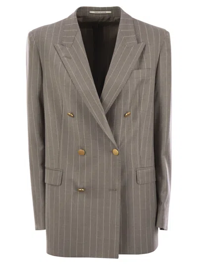 Tagliatore Stretch Wool Double Breasted Pinstripe Blazer In Gray