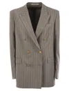 Tagliatore Stretch Wool Double-breasted Pinstripe Blazer In Brown