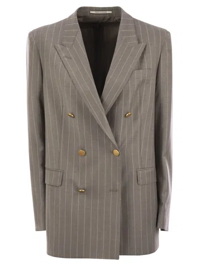 TAGLIATORE STRETCH WOOL DOUBLE-BREASTED PINSTRIPE BLAZER