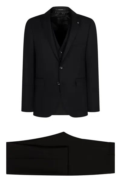 Tagliatore Stretch Wool Three-pieces Suit In Black