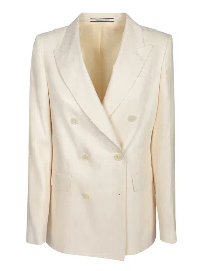 Tagliatore Striped Cotton Double-breasted Jacket With Tone-on-tone Buttons In White