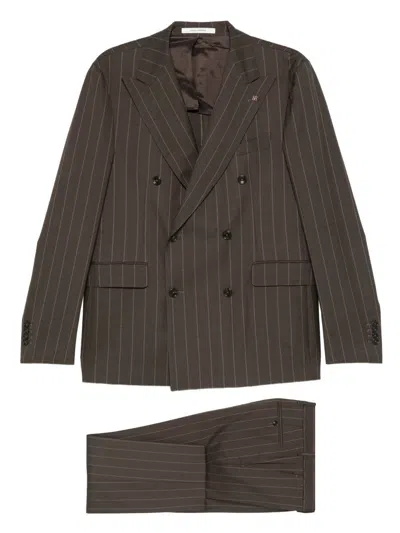 Tagliatore Striped Double-breasted Suit In Virgin Wool In Brown