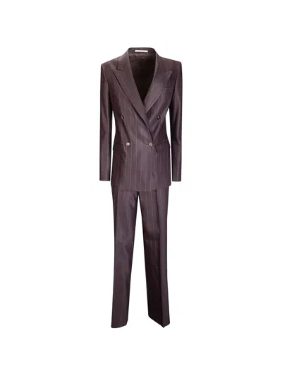 Tagliatore Striped Double-breasted Suit In Brown