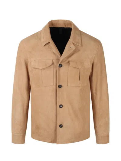 Tagliatore Suede Lambskin Overshirt Jacket With Classic Lapel In Beige