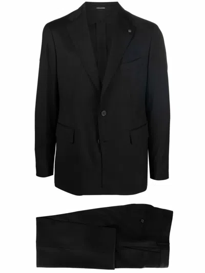 Tagliatore Tailored Black Wool Suit With Notched Lapel In Blue