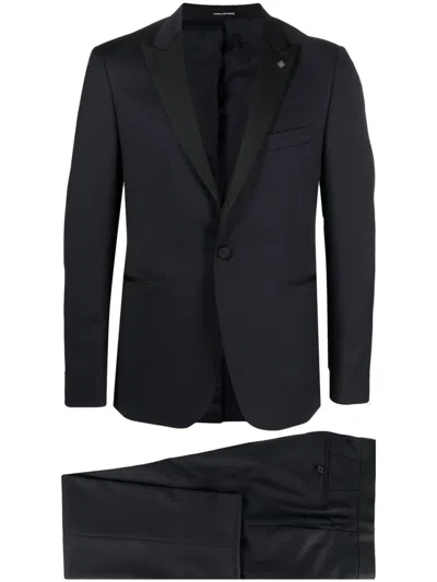 Tagliatore Tailored Blue Suit With Peak Lapels In Black