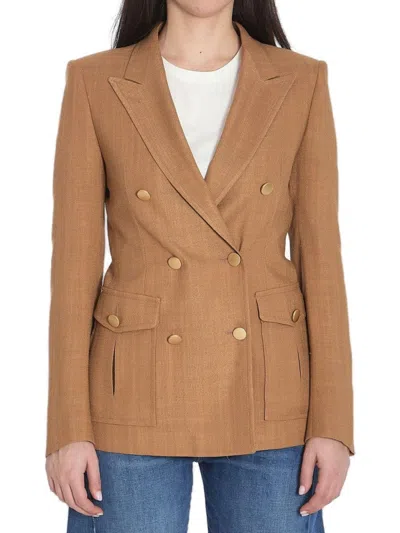 TAGLIATORE TAILORED DOUBLE-BREASTED BLAZER IN CARAMEL BROWN VISCOSE