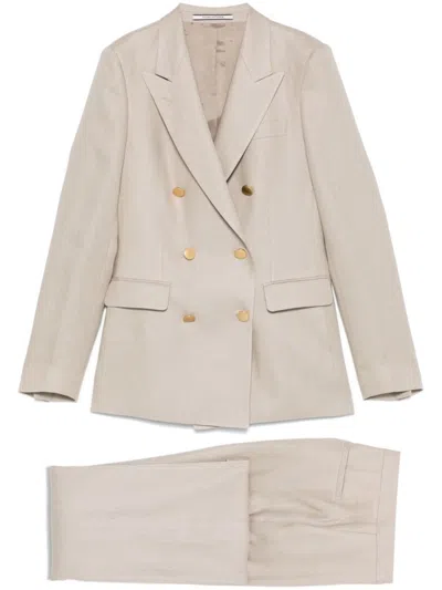 TAGLIATORE TAGLIATORE TAILORED DOUBLE-BREASTED TAUPE SUIT WITH GOLD BUTTONS