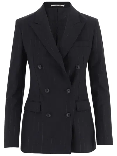 Tagliatore Tailored Double-breasted Black Blazer With Pinstripe Detail In Purple