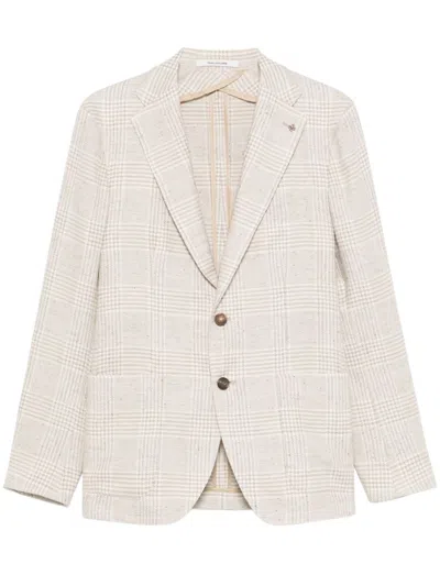 TAGLIATORE TAGLIATORE TAUPE PLAID TAILORED JACKET WITH NOTCHED LAPELS
