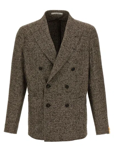TAGLIATORE TEXTURED BROWN DOUBLE-BREASTED WOOL BLEND BLAZER