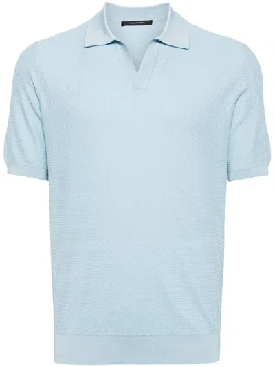 Tagliatore Textured Knit Polo Shirt With Classic Collar In Blue