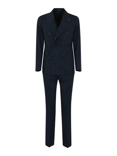 Tagliatore Striped Double-breasted Suit In Wool And Silk In Blue