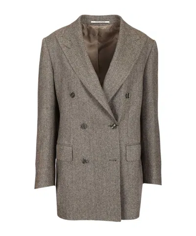 Tagliatore V-neck Double Breasted Herringbone Blazer In Gray