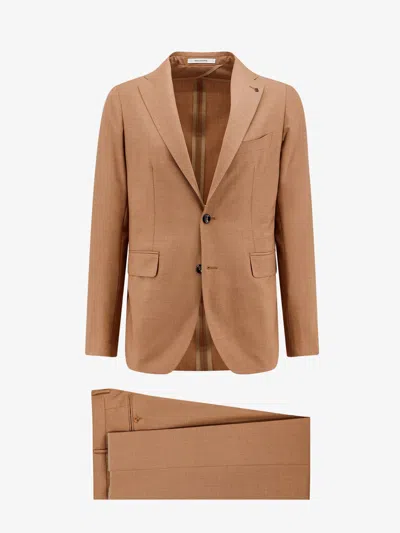Tagliatore Virgin Wool And Silk Suit With Iconic Metal Detail In Brown