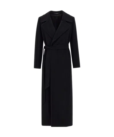 Tagliatore Virgin Wool Blend Belted Midi Coat In Black