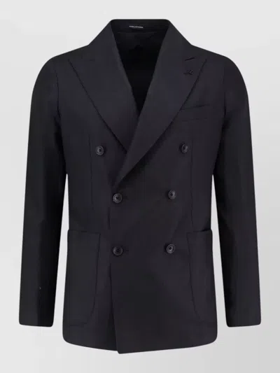 Tagliatore Virgin Wool Silk Linen Double Breasted Blazer In Black