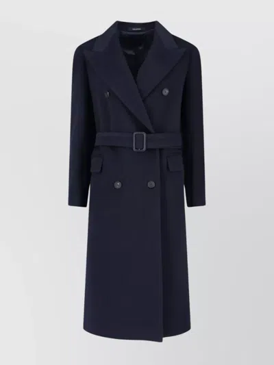 Tagliatore Waist Belted Lapel Buttoned Jacket In Blue