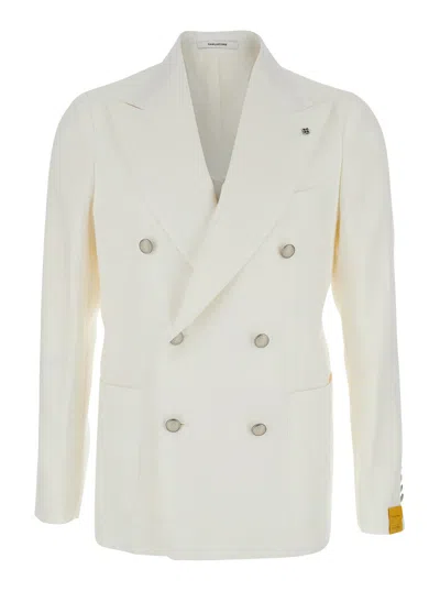 Tagliatore White Double-breasted Blazer With Logo Pin On The Front In Linen And Cotton Blend Man In Neutral