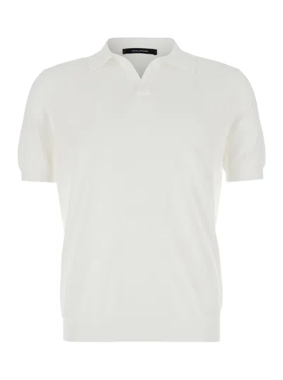 Tagliatore White Knitted Polo Shirt With Polo Style Collar And Short Sleeves