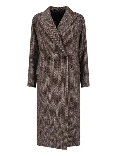 Tagliatore Herringbone Wool Long Coat With Double-breasted Closure In Brown