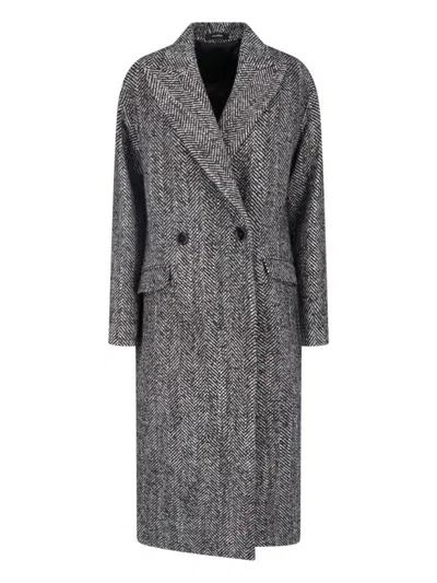 Tagliatore Double-breasted Black Herringbone Coat With Pointed Lapel In Gray