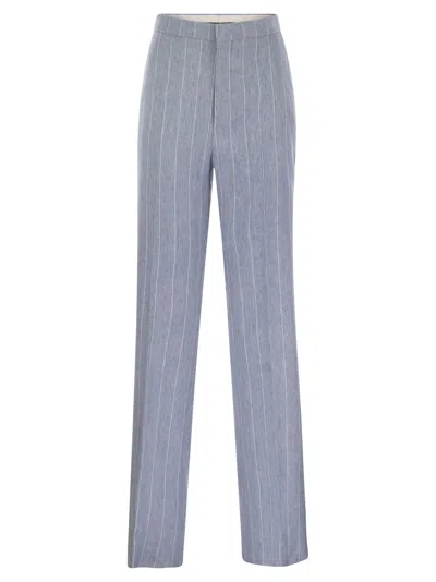 Tagliatore Women Pinstripe Trousers In Linen And Stretch Cotton In Blue