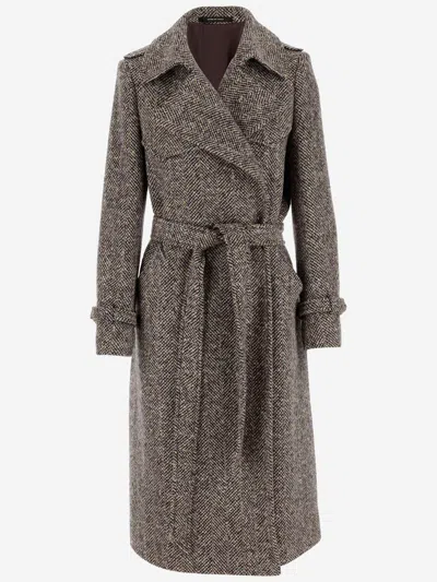 Tagliatore Wool Blend Tweed Long Coat In Brown