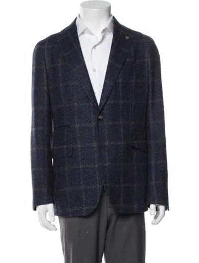 Pre-owned Tagliatore Wool Plaid Print Overcoat In Blue
