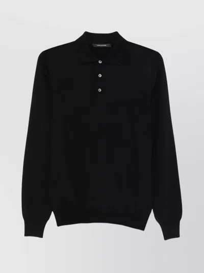 Tagliatore Wool Polo Shirt With Long Sleeves And Ribbed Hem In Black