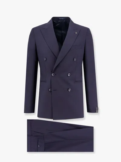 Tagliatore Wool Suit With Peak Lapel And Removable Brooch Iconic Detail In Blue