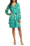 Tahari Asl 3em128 Long Sleeve Printed  Ruffled Short Cocktail Dress In Blue
