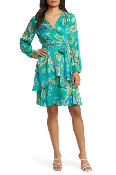 Tahari Asl 3em128 Long Sleeve Printed  Ruffled Short Cocktail Dress In Blue