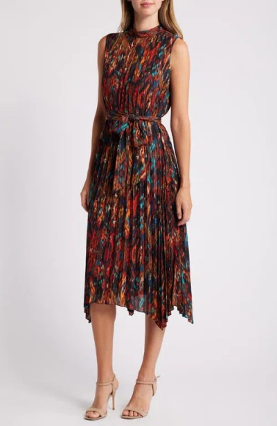 Tahari Asl Abstract Print Pleated Handkerchief Hem Midi Dress In Red Multi
