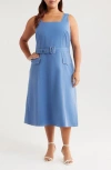Tahari Asl Belted Denim Midi Dress In Indigo