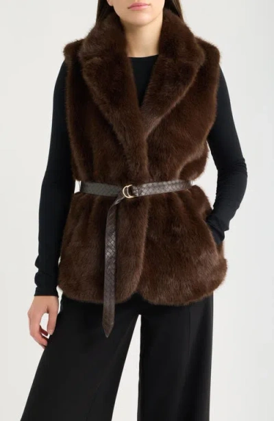 Tahari Asl Belted Faux Fur Vest In Espresso
