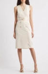 Tahari Asl Belted Sleeveless Faux Wrap Dress In Neutral