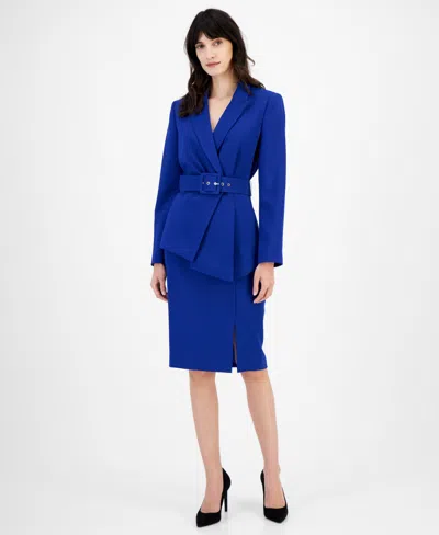 Tahari Asl Belted Wrap Skirt Suit In Cobalt