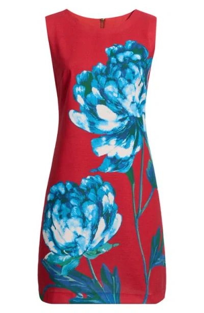 Tahari Asl Big Flower Sleeveless Sheath Dress In Red